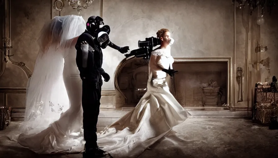 Image similar to disturbing big budget hollywood movie bride and groom wearing gas masks at the marriage of reason and squalor perfect composition dramatic lighting chiaroscuro