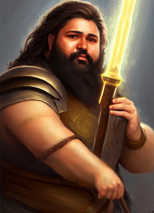 Prompt: a _ fantasy _ style _ portrait _ painting _ of esfandtv light brown male holy paladin with long wavy brown hair chubby and beard, hammer weapon, rpg dnd oil _ painting _ unreal _ 5 _ daz. _ rpg _ portrait _ extremely _ detailed _ artgerm _ greg _ rutkowski _ greg