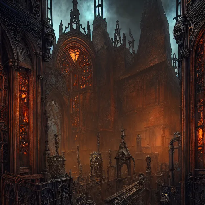 Image similar to steam necropolis, memento mori, gothic, neo - gothic, art nouveau, hyperdetailed copper patina medieval icon, stefan morrell, philippe druillet, ralph mcquarrie, concept art, steampunk, unreal engine, detailed intricate environment, octane render, moody atmospherics, volumetric lighting, ultrasharp, ominous, otherworldly