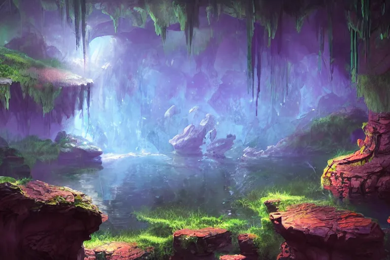 Image similar to beautiful stunning painting of a deep mysterious rocky varied cave landscape filled with large magic glowing clear crystals and filled with some ((plants)) and a small reflective pond, fantasy, digital art, realism, unreal engine, sharp, detailed, trending on artstation