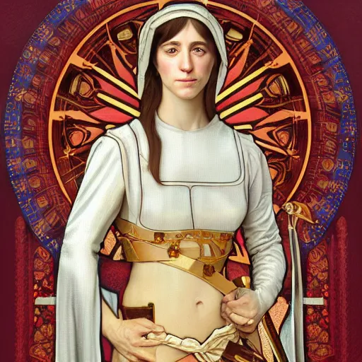 Image similar to portrait of charlotte gainsbourg as joan of arc, hyperreal digital painting, iconography influenced by alphonse mucha and eugene delacroix, arstation and deviantart trends, high resolution 8 k