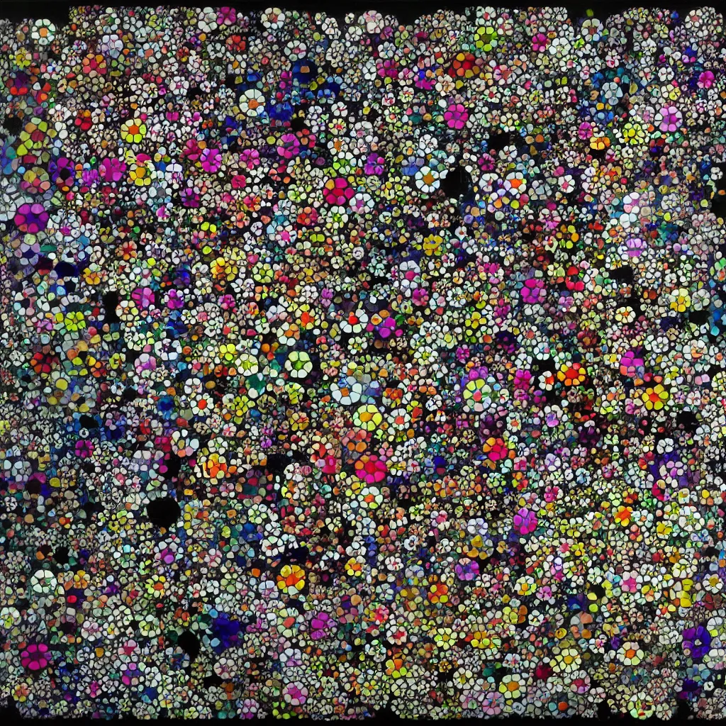 Prompt: camouflage made of flowers, style of takashi murakami, abstract, rei kawakubo artwork, cryptic, dots, stipple, lines, splotch, color tearing, pitch bending, color splotches, dark, ominous, eerie, minimal, points, technical, old painting