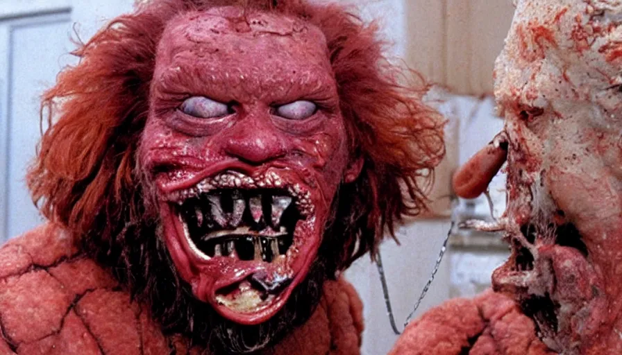 Image similar to a disgusting vile Ronald mcdonald monster eating a man from The Thing, by Cronenberg and greg nicotero special fx