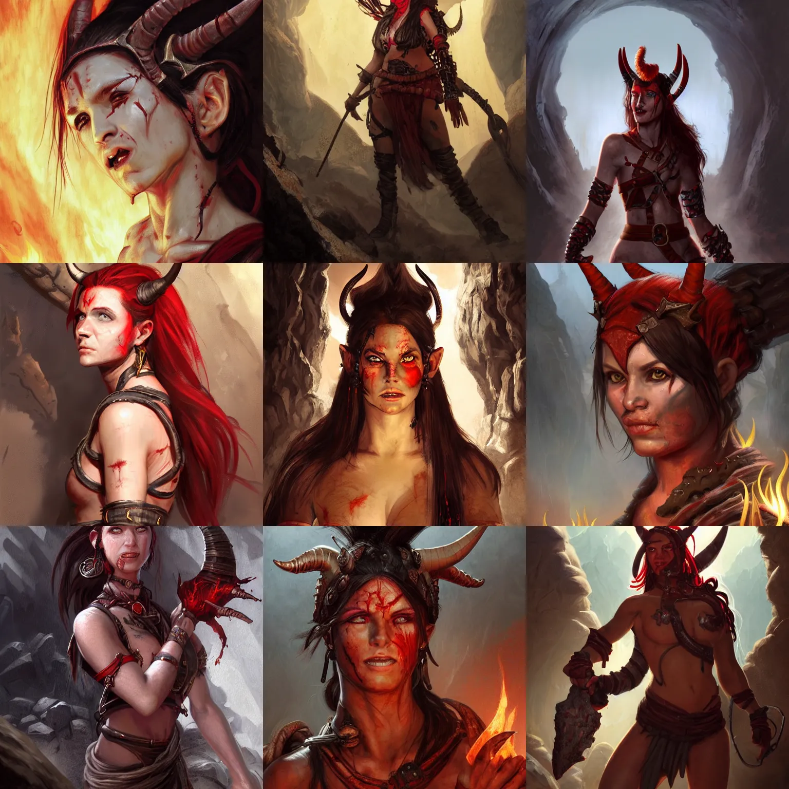 Prompt: portrait of a female berber tiefling barbarian with red skin, devil horns and black hair in a ponytail wearing a steel chestplate exploring a cave with fires burning in cracks in the walls, fantasy, highly detailed, digital painting, artstation, concept art, character art, art by greg rutkowski and tyler jacobson and alphonse mucha