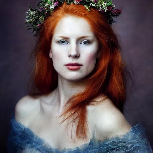 Image similar to Fine art photo of the most beautiful woman, she is redhead, she is posing while maintain a sweet eye contact to the camera, she has a crown of flowers, she has perfect white teeths, she is getting ulluminated by the rays of the sunset, the photo was taking by Annie Leibovitz, Ellie Victoria Gale, Steve McCurry, matte painting, oil painting, naturalism, 4k, 8k