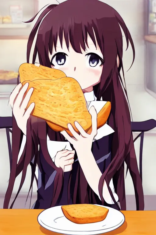 Image similar to a cute anime girl eating bread