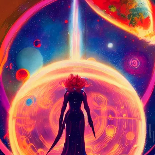 Image similar to epic illustration of Scarlett Johansson as a beautiful space wizard by Paul Lehr, detailed, space opera, screen print,