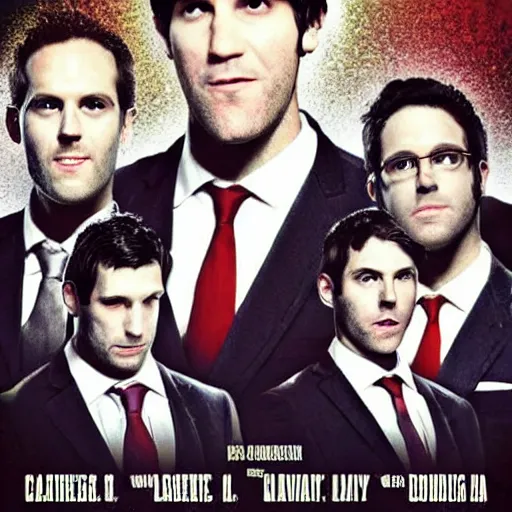 Prompt: tally hall, the band in suits with colorful ties, on a horror movie poster