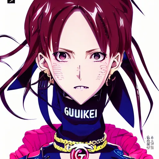 Image similar to Magazine Cover Anime key visual of a Gucci girl; official media; typography; drawn by Hirohiko Araki; Jojo's Bizarre Adventure; Jojolion, portrait, made by Stanley Artgerm Lau, WLOP, Rossdraws, James Jean, Andrei Riabovitchev, Marc Simonetti, Yoshitaka Amano, ArtStation