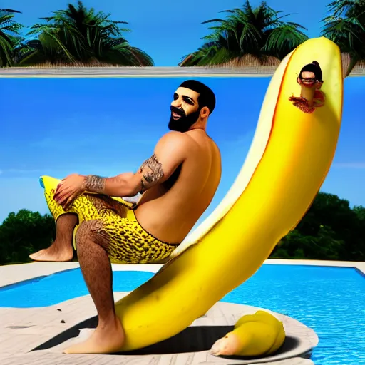 Image similar to Drake riding a big banana in a pool, 8k, sharp, high details, detailed face