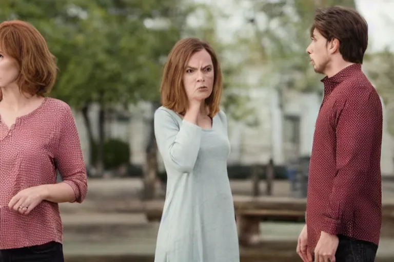 Prompt: film still of a wife looking angrily towards her husband for looking at another woman in the new rom - com