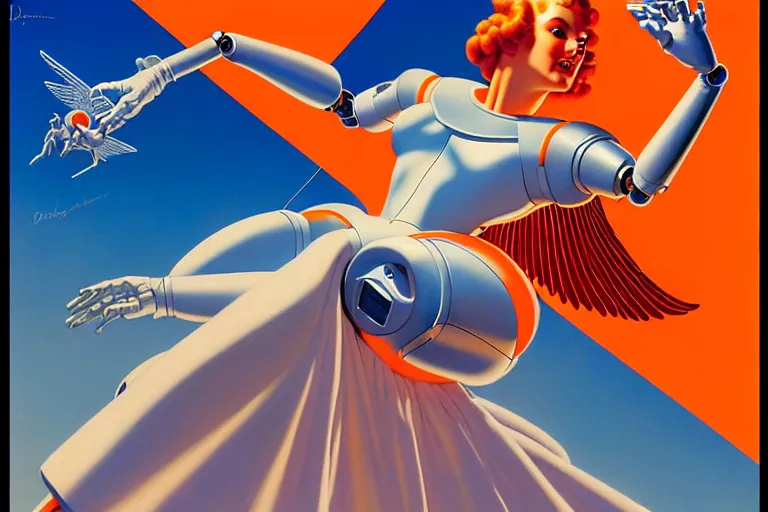 Prompt: a beautiful robotic angel terrified by an unseen assailant by dan mumford and alberto vargas and josan gonzalez and gil elvgren, vibrant, white outfit, orange details, blue sky