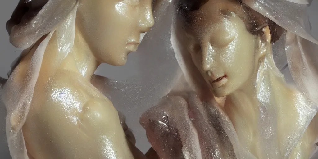 Prompt: beatufull women figure made from wax and wrapped in wet silk, underwater. volumetric lighting