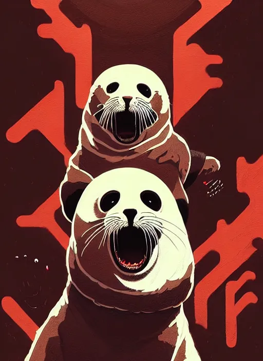 Prompt: highly detailed closeup portrait of a metal album cover with a furry white baby seal in a mosh pit by atey ghailan, by greg rutkowski, by greg tocchini, by james gilleard, by joe fenton, by kaethe butcher, gradient red, black, brown and white color scheme, grunge aesthetic!!! white graffiti tag wall background