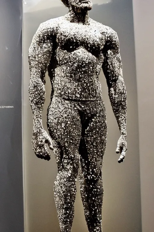 Prompt: A muscular man made entirely of sequins, full body, museum exhibit.