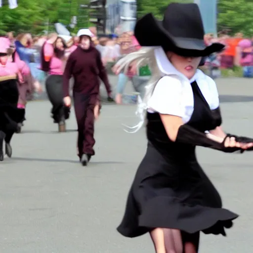 Prompt: lady gaga running away from amish mob