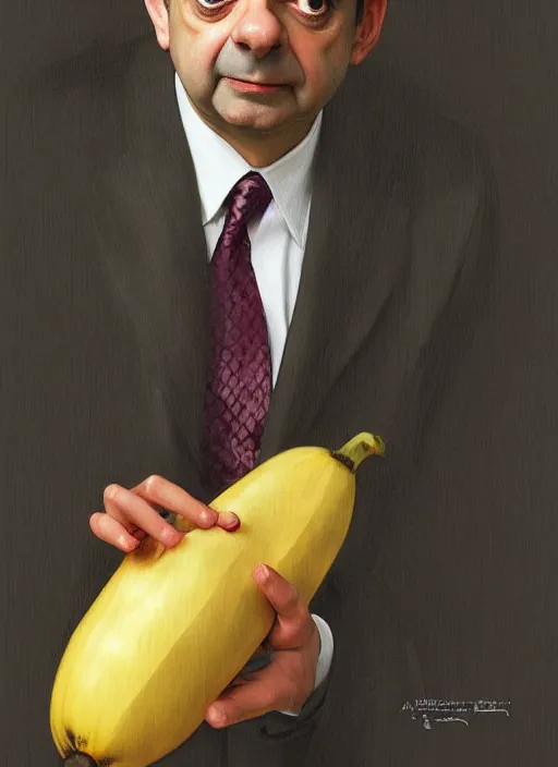 Image similar to Rowan Atkinson as cross eyed Mister Bean holding a banana, intricate, elegant, highly detailed, centered, digital painting, artstation, concept art, smooth, sharp focus, illustration, art by artgerm and donato giancola and alphonse mucha