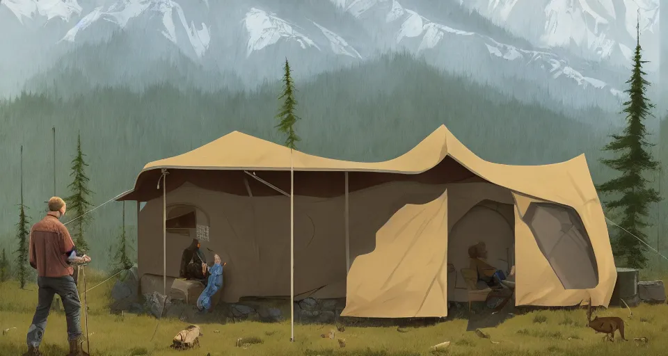 Image similar to cabela's beautiful comfortable modular insulated wall kit - house all weather family dwelling tent house, person in foreground, mountainous forested wilderness open fields, beautiful views, painterly concept art, joanna gaines, environmental concept art, farmhouse, magnolia, concept art illustration, by james gurney, by craig mullins, by greg rutkowski trending on artstation