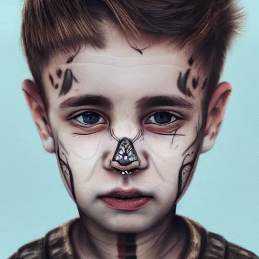 Image similar to a detailed portrait of a boy with a face tattoo in the desert, fantasy art illustration, incredibly highly detailed and realistic, 8 k, sharp focus