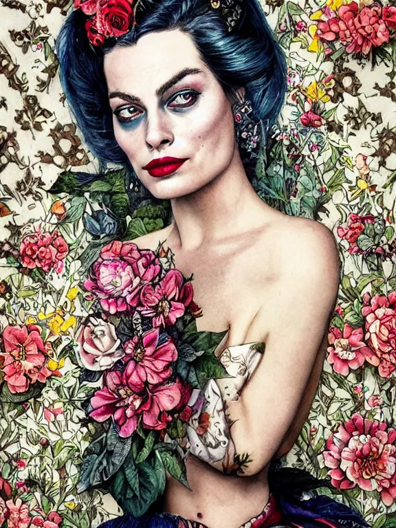 Image similar to a punk portrait of margot robbie harley quinn between embellished pattern and huge flower bushes,by tom bagshaw,marie spartali Stillman,Ekaterina Belinskaya,William Morris,Oleg Turchin,trending on pinterest,dark fantasy,maximalist,glittering,feminine