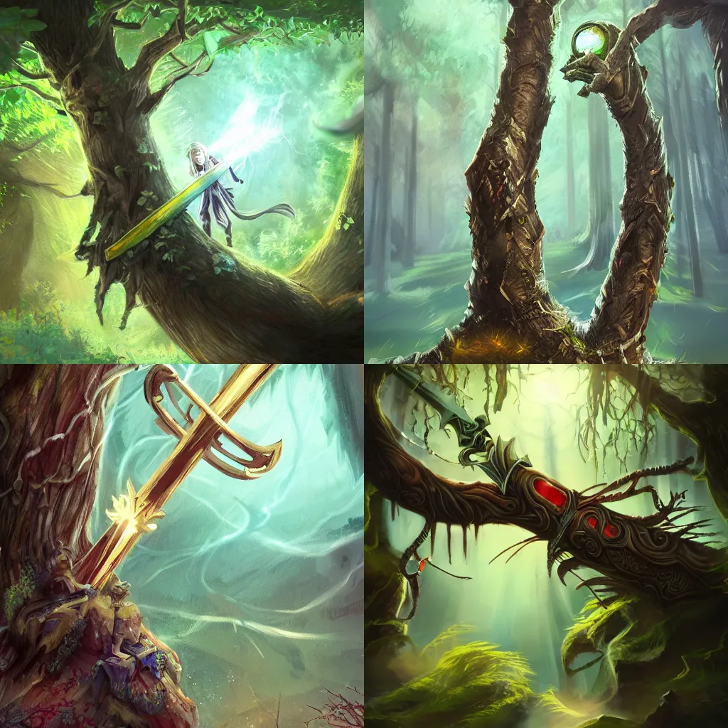 Prompt: magical sword, stuck in a tree, emitting energy, in a fantasy style forest, high quality, exceptional art, trending on artstation