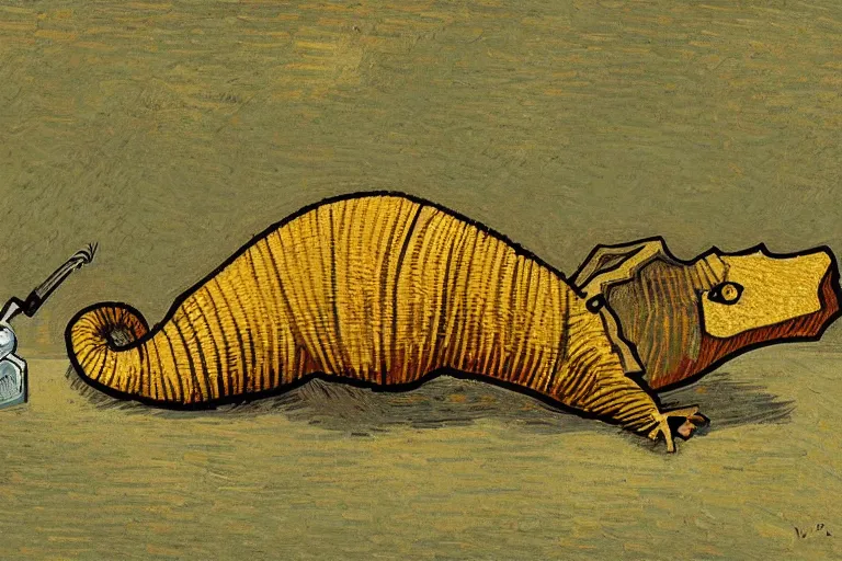 Image similar to an armadillo smoking a joint by vincent van gogh, digital art,