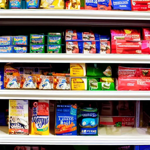 Prompt: shelf of a convenience store, retail store with products, color photo