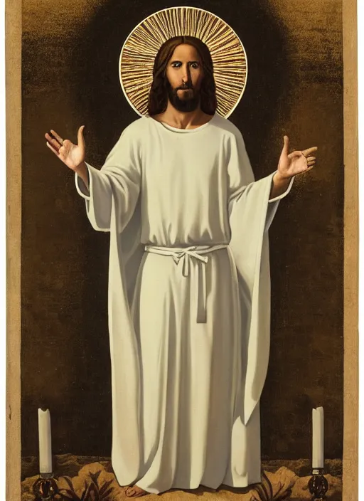 Image similar to « full length portrait of the white - tailed jesus in a white robe and flame in eyes, seven stars in right hand »