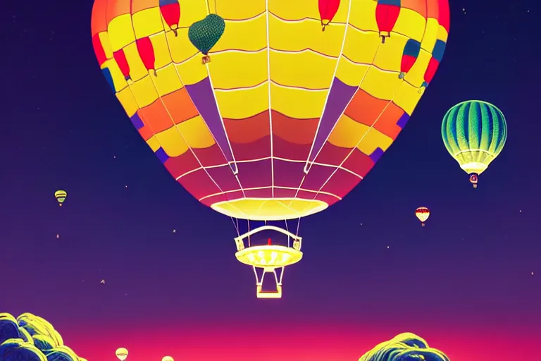 Image similar to an ornate luminescent hot air balloon in the sky at night by paolo eleuteri serpieri and tomer hanuka and chesley bonestell and daniel merriam and tomokazu matsuyama, high angle, unreal engine, high resolution render, featured on artstation, octane, 8 k, highly intricate details, vivid colors, vector illustration