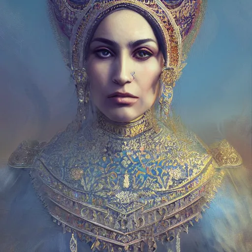 Prompt: Persian queen, gorgeous portrait, intricate, elegant, volumetric lighting, scenery, digital painting, highly detailed, artstation, sharp focus, illustration, concept art, ruan jia, steve mccurry