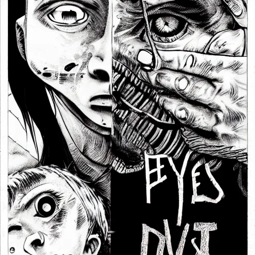 Prompt: eyes, last days of humanity lone survivor holding his guts by hands, junji ito, amano yoshitaka, 8k hd