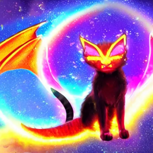 Image similar to a cat demon with dragon wings glows from power, lasers and explosions, glitter and rainbows, neon colours, ultra realistic