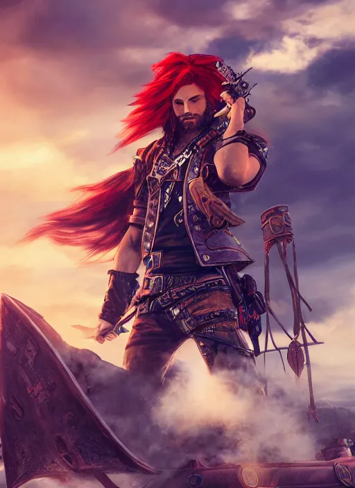 Image similar to an epic fantasy comic book style portrait painting of a long haired, red headed male sky - pirate in front of an airship, unreal 5, daz, hyperrealistic, octane render, cosplay, rpg portrait, dynamic lighting, in the style of final fantasy