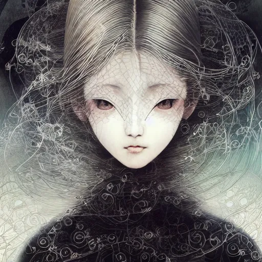 Image similar to yoshitaka amano blurred and dreamy realistic illustration of a japanese woman with black eyes, wavy white hair fluttering in the wind wearing elden ring armor with engraving, abstract patterns in the background, satoshi kon anime, noisy film grain effect, highly detailed, renaissance oil painting, weird portrait angle, blurred lost edges, three quarter view