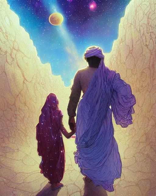 Image similar to bedouin man and woman and child in galaxy walking towards mosque surrounded by nebula, highly detailed, gold filigree, romantic storybook fantasy, soft cinematic lighting, award, disney concept art watercolor illustration by mandy jurgens and alphonse mucha and alena aenami, pastel color palette, featured on artstation