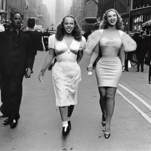 Image similar to 1940s photo of Mariah Carey and Beyonce walking down 5th Avenue