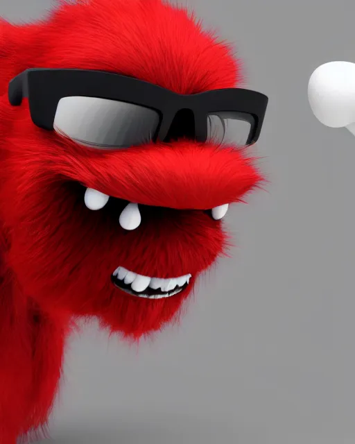 Prompt: 3 d render of completely red hairy friendly antropomorphic cartoony creature wearing chrome shades, without nose, full body, simple, cute, white background, unreal engine 5, octane render, highly detailed hdr