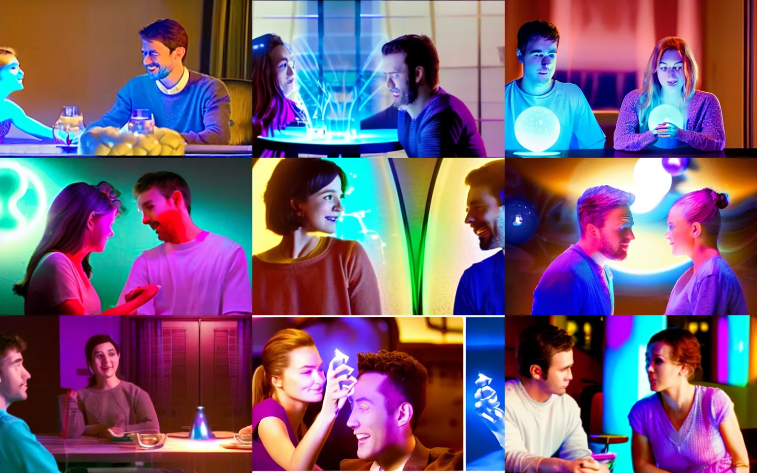 Prompt: still frame from a live - action romantic comedy showing two people with glass ball plasma lamps for heads, both full of glowing blue and purple plasma filaments, having an awkward dinner date