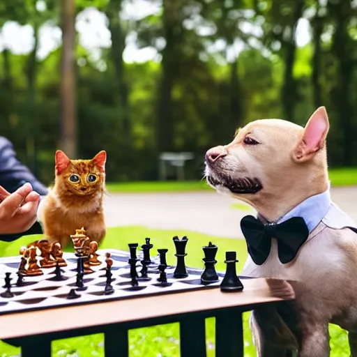 Prompt: a dog in a suit playing chess against a cat in a dress in a park