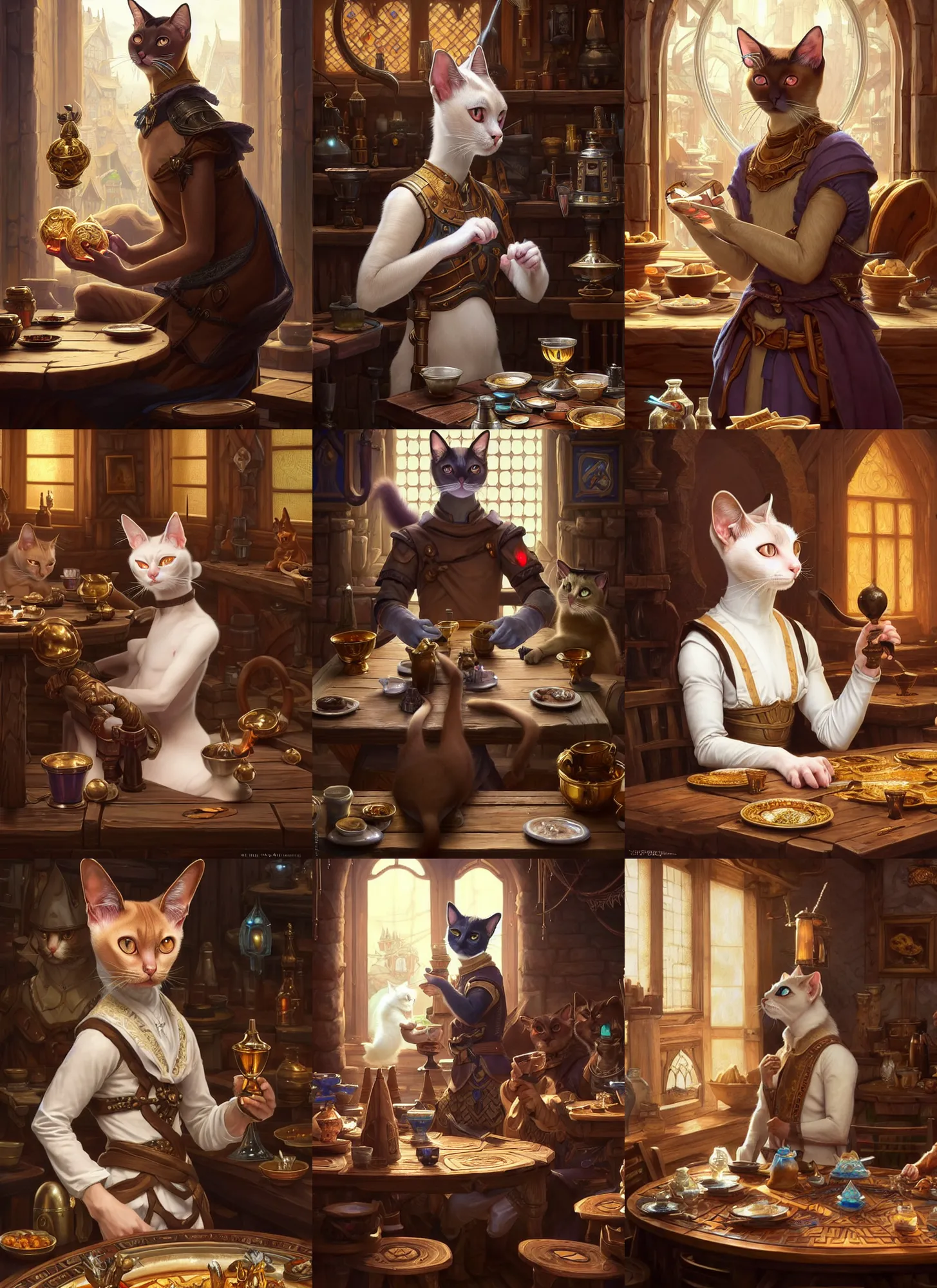 Prompt: full body photograph of a male anthropomorphic siamese cat fursona cleric sitting in a tavern with friends, deep focus, intricate, elegant, highly detailed, digital painting, artstation, concept art, matte, sharp focus, illustration, d & d, fantasy, hearthstone, art by artgerm and greg rutkowski and alphonse mucha