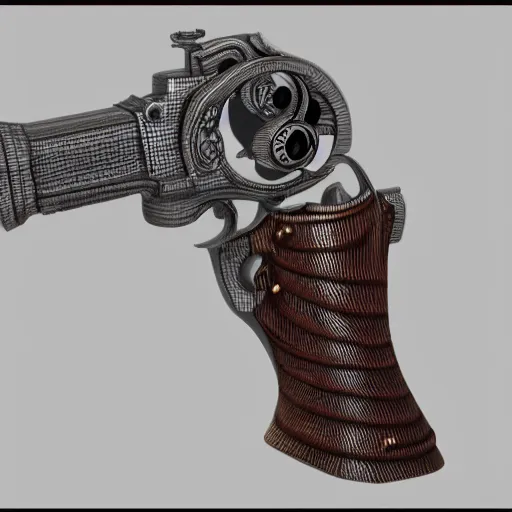 Image similar to a 3d design of a steampunk revolver