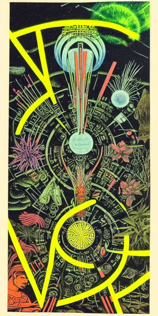 Prompt: 1968 science fiction tarot card, cut out collage, neon Aztec, spring on Saturn, epic theater, deep forest, mountain plants, drawings in part by Diego Rivera, part by Ernst Haekl, text by William S Boroughs, written by Michael Ende