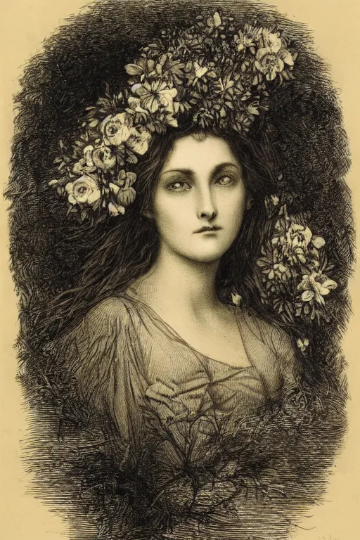 Image similar to extreme close-up portrait of a beautiful french woman with broad cheekbones with flower in the head, forest background, Gustave Dore lithography