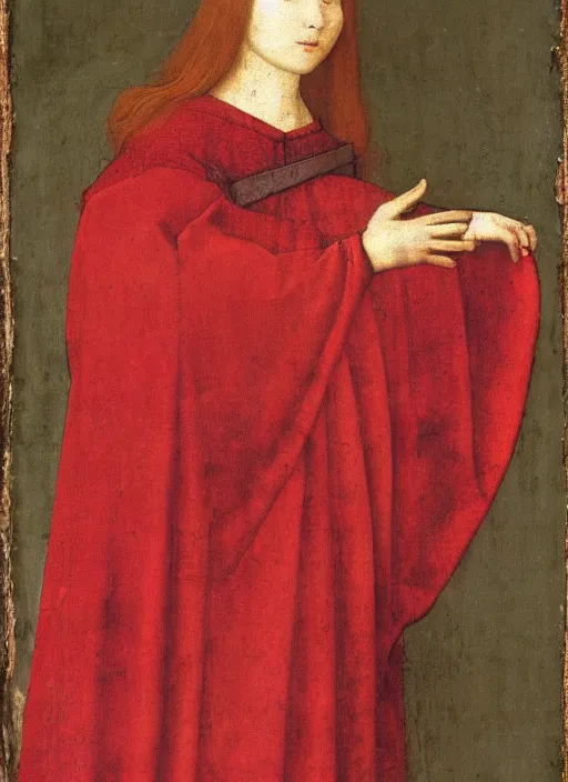 Image similar to Profile of Fallen Angel dressed in red, Medieval painting by Jan van Eyck, Johannes Vermeer, Florence