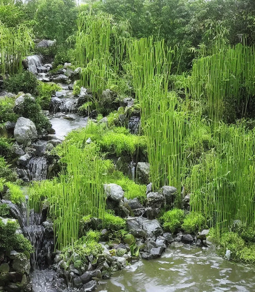 Image similar to a garden, in which there is a flowing water sculpture made of bamboo, garden landscape and symmetrical landscape ， by andre le notre ， trending ，