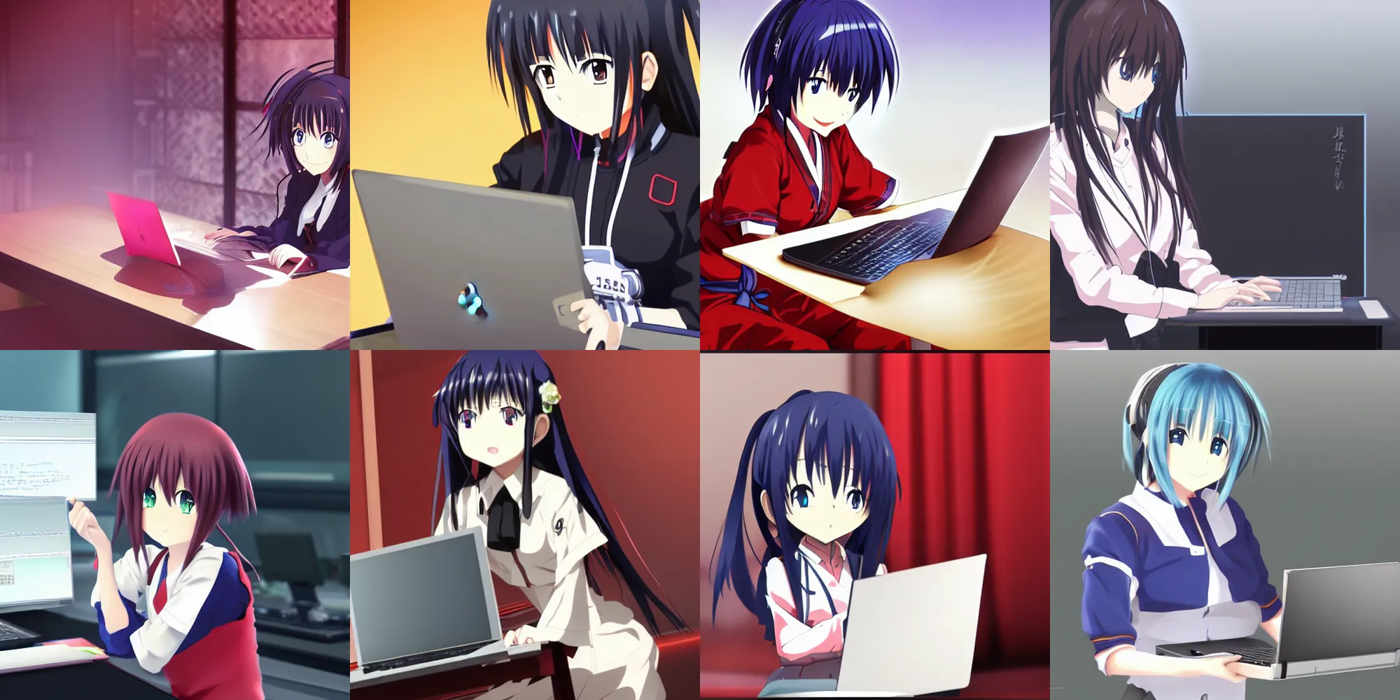 Prompt: anime devops girl with laptop tomoyuki yamasaki, kyoto studio, madhouse, ufotable, square enix, cinematic lighting