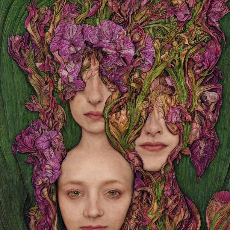 Prompt: a grinning shape shifting girl, plant patterns, her face looks like an orchid, she is the center of the garden, jan van eyck, ernst fuchs, egon schiele, trending on artstation, 8 k, award winning, facial symmetry, iris van herpen, high octane, psychedelic, werewolf, mermaid, harpy, dryad, cybernetic