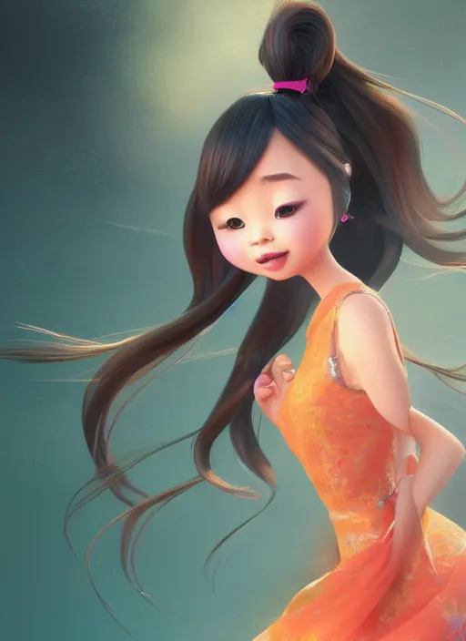 Prompt: a cute asian girl singing, flowing hair in the style of pixar animation, full body shot, viewed from bellow, award winning, hyper detailed, studio lighting, artstation, octane renderer, unreal engine