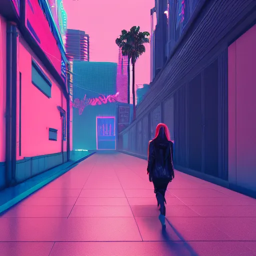 Image similar to a woman walking through a synthwave city, intricate artwork by tooth wu and wlop and beeple, octane render, hyper realism, 8 k