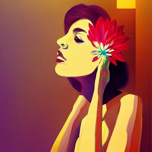 Image similar to portrait, giant flower as head, woman next to modern windows, luxury apartment, surreal photography, dramatic light, impressionist painting, digital painting, artstation, james gilleard